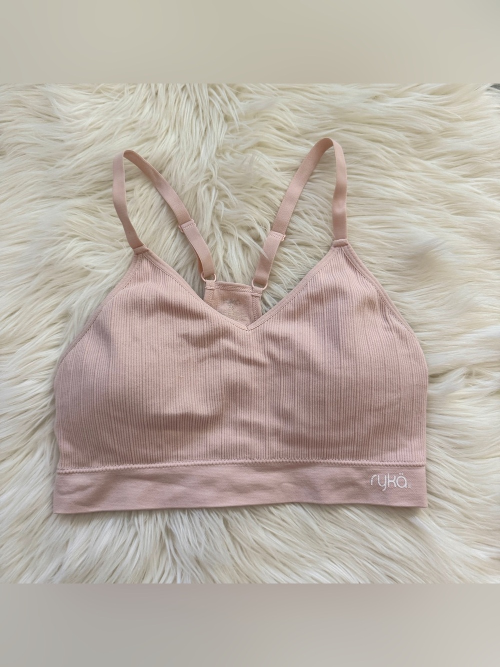 Ryka Sports Bra Light Pink Adjustable Crossback Strap Wireless Removable Pads M